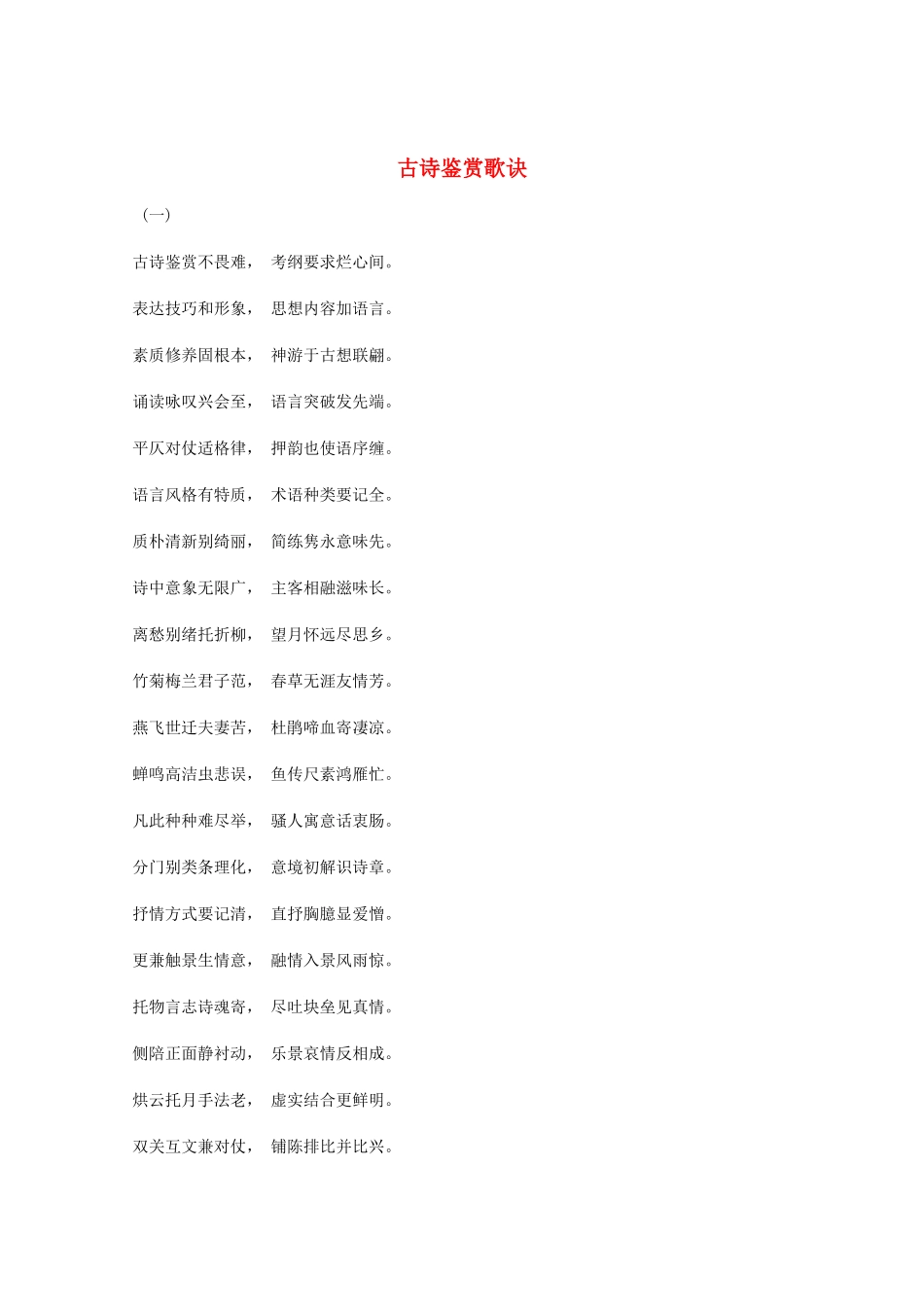 高中语文 《古诗鉴赏歌诀》 知识文本素材_第1页