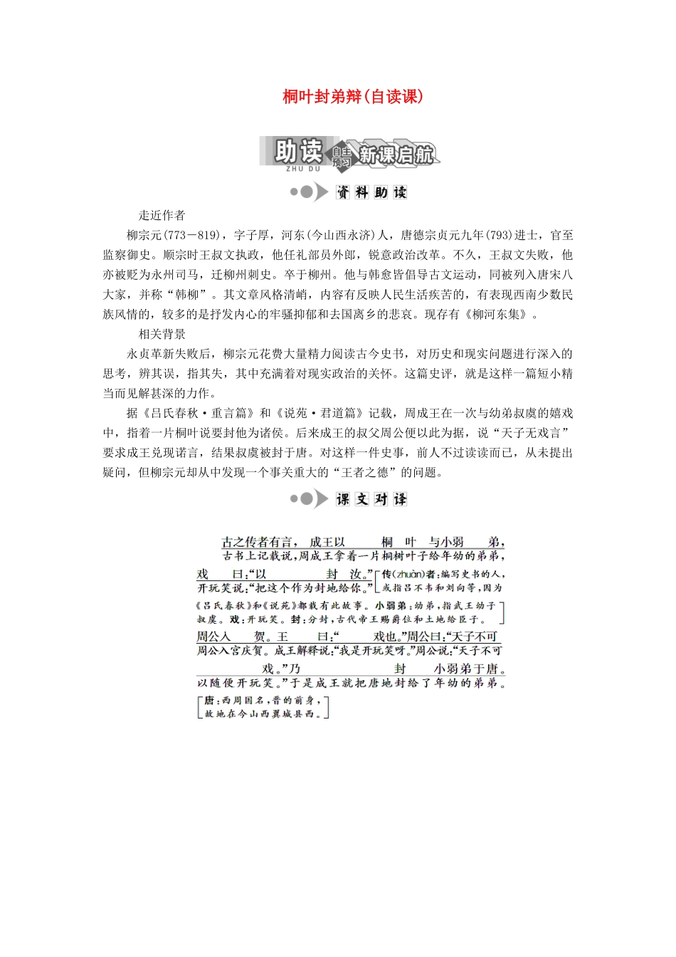 高中语文 专题一 第2课 桐叶封弟辩（自读课）学案 苏教版选修《唐宋八大家散文选读》-苏教版高中《唐宋八大家散文选读》语文学案_第1页