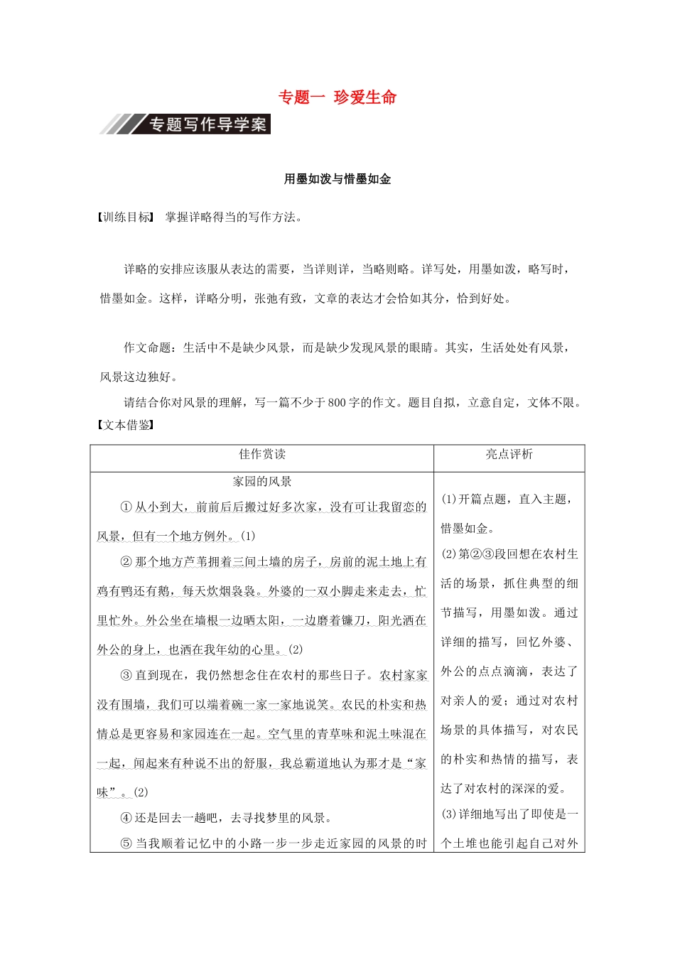 高中语文 专题一 珍爱生命专题写作学案 苏教版必修2-苏教版高一必修2语文学案_第1页