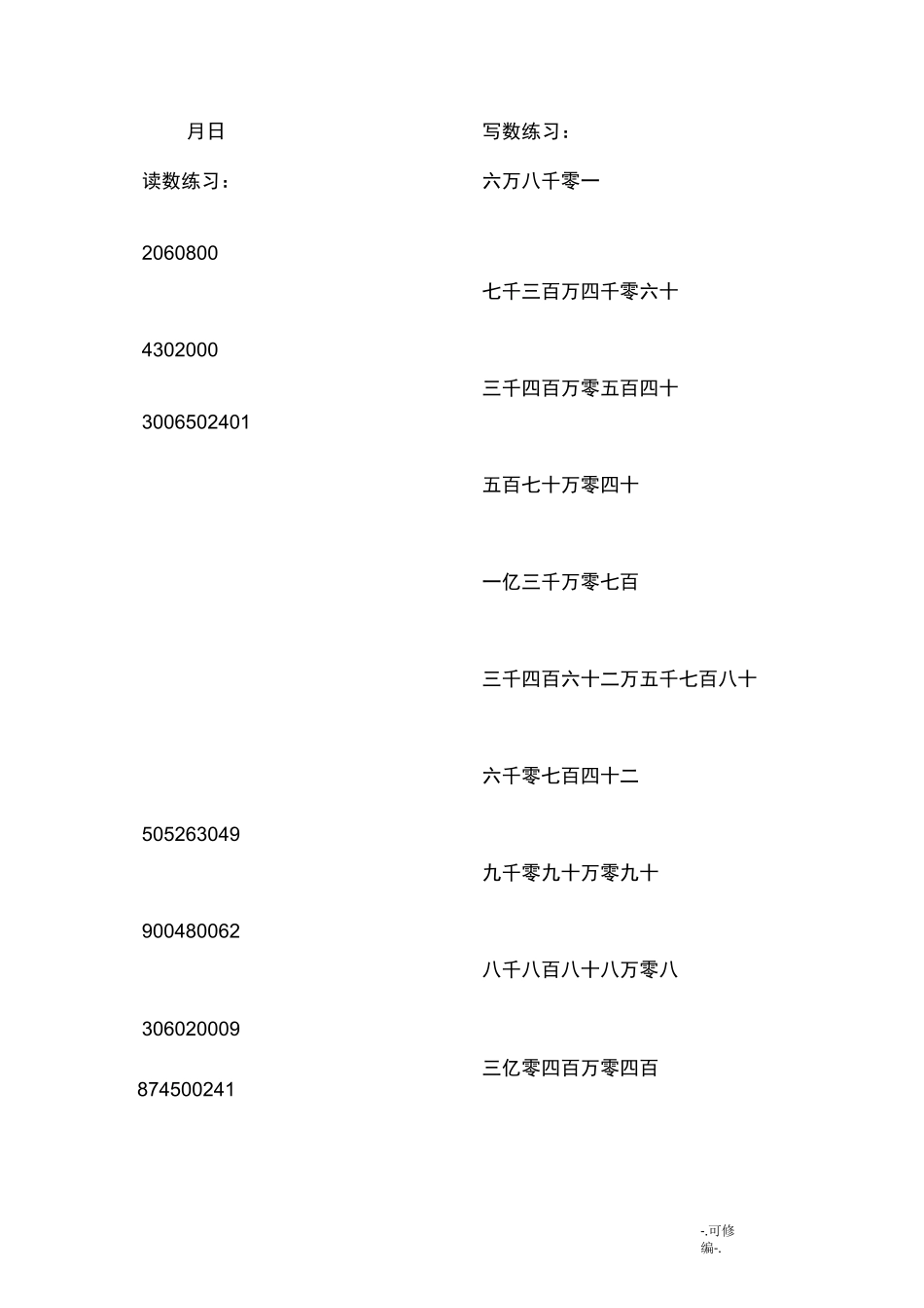 四年级上册]读数写数练习100道_第2页