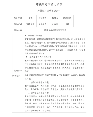 师徒结对活动记录表徒弟