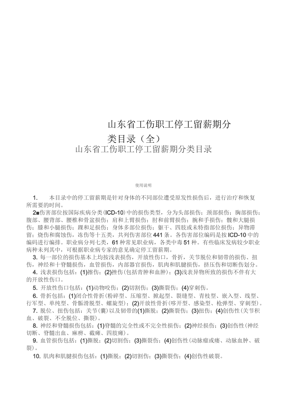 山东省工伤职工停工留薪期分类目录全_第1页