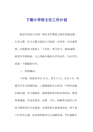 下期小学班主任工作计划