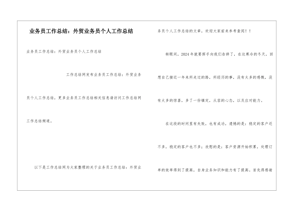 业务员工作总结：外贸业务员个人工作总结_第1页