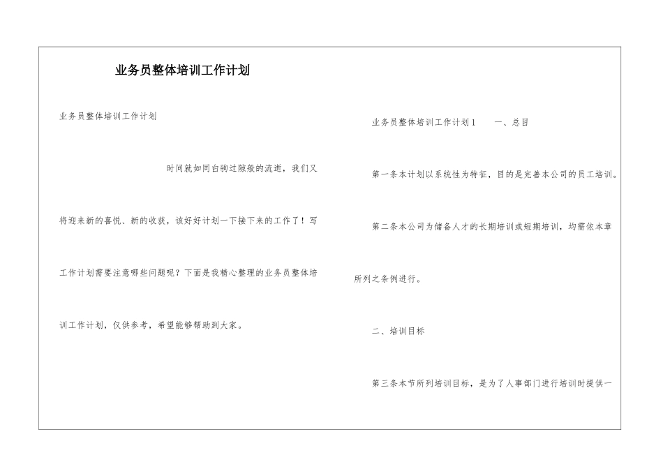 业务员整体培训工作计划_第1页