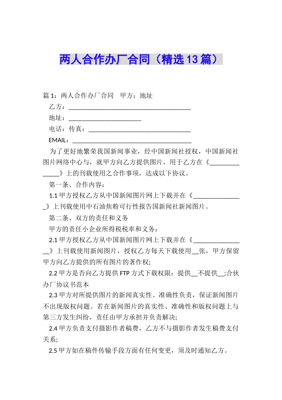 两人合作办厂合同_第1页