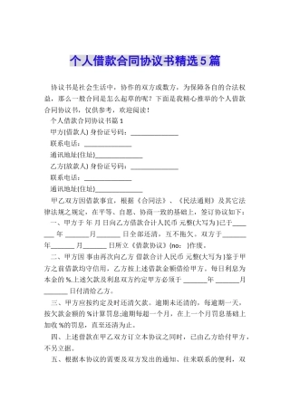 个人借款合同协议书精选5篇