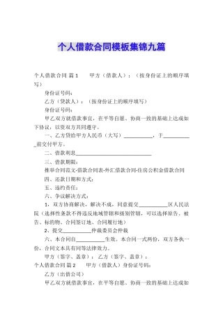 个人借款合同模板集锦九篇