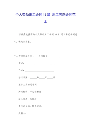 个人劳动用工合同16篇-用工劳动合同范本