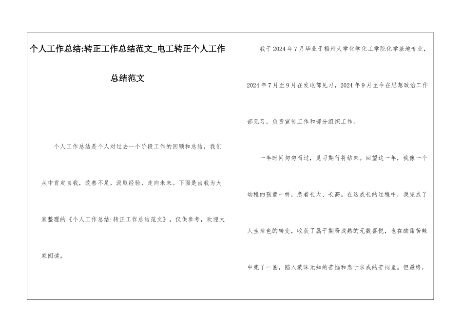个人工作总结-转正工作总结范文电工转正个人工作总结范文_第1页