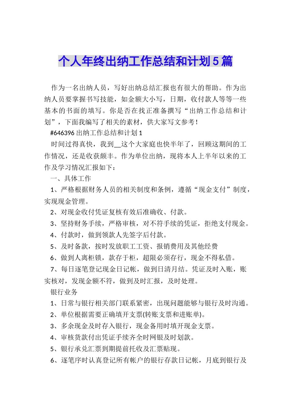 个人年终出纳工作总结和计划5篇_第1页