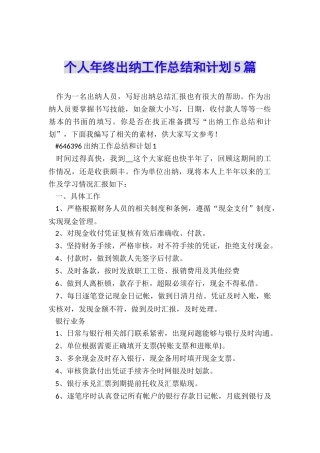 个人年终出纳工作总结和计划5篇