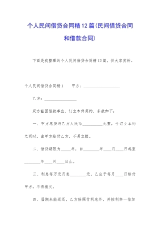个人民间借贷合同精12篇