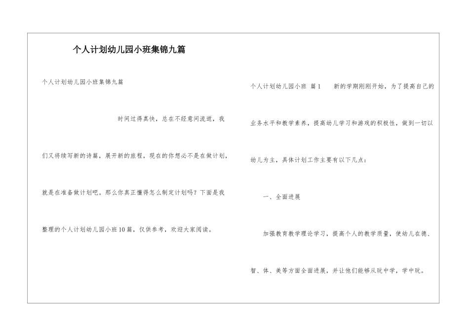 个人计划幼儿园小班集锦九篇_第1页