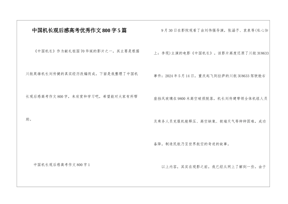 中国机长观后感高考优秀作文800字5篇_第1页