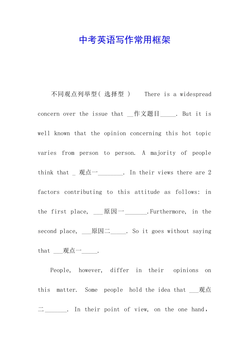 中考英语写作常用框架_第1页