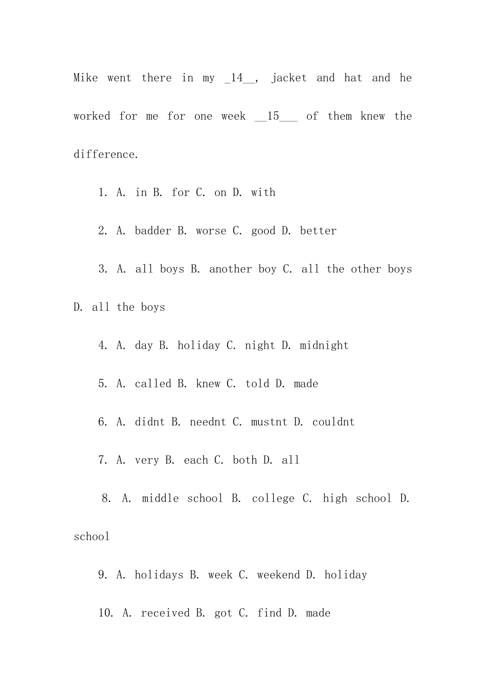 中考英语完形填空自测练习题及答案分析_第2页