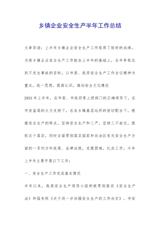 乡镇企业安全生产半年工作总结-
