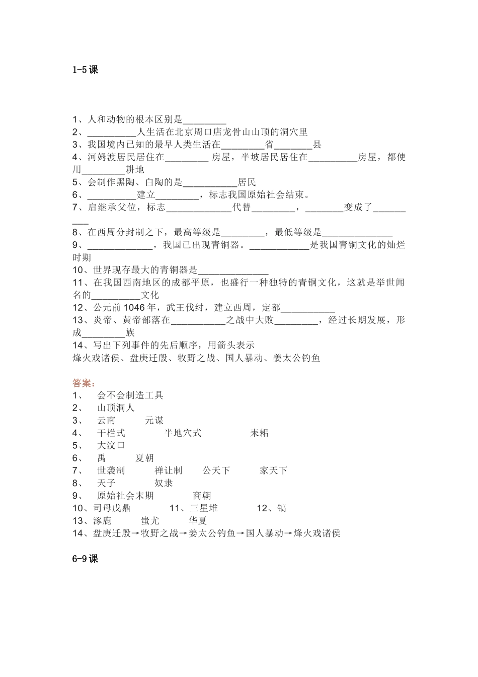 初一历史易错填空题专练（附答案）_第1页