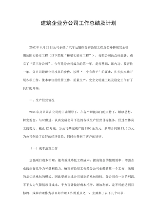 建筑企业分公司工作总结及计划