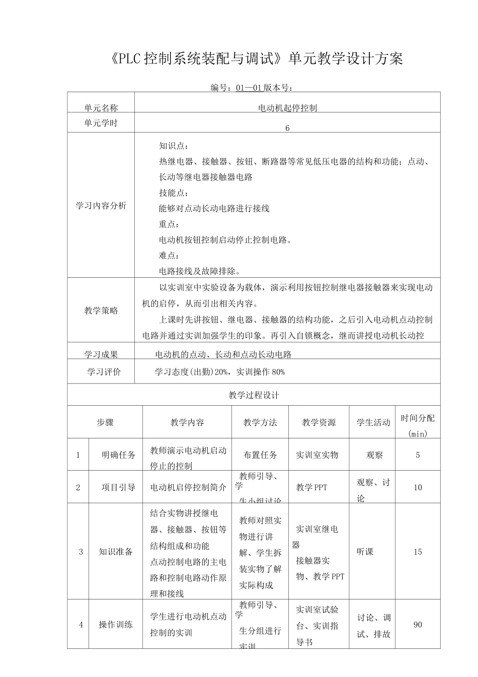 《PLC 控制系统装配与调试》单元教学设计方案_第1页