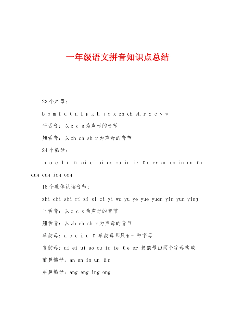 2025年一年级语文拼音知识点总结_第1页