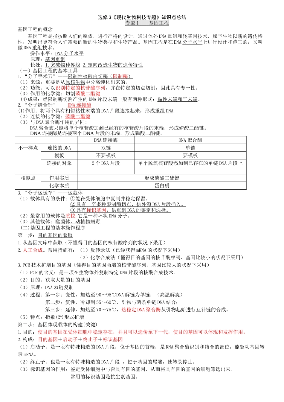 2025年人教版高中生物选修三知识点总结详细_第1页