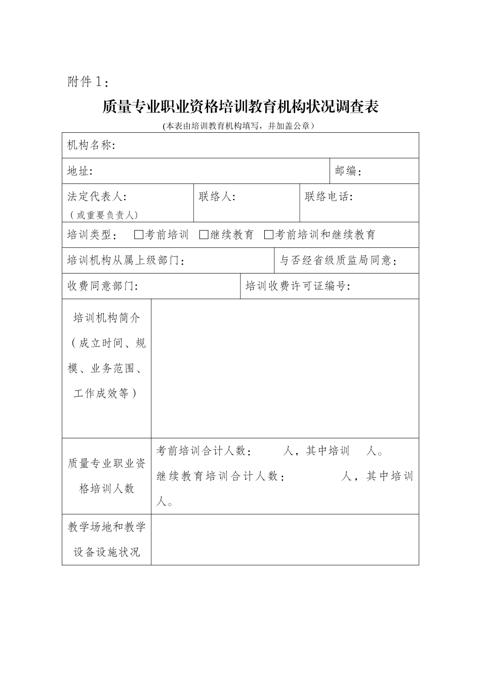2025年质量专业职业资格培训教育机构情况调查表_第1页