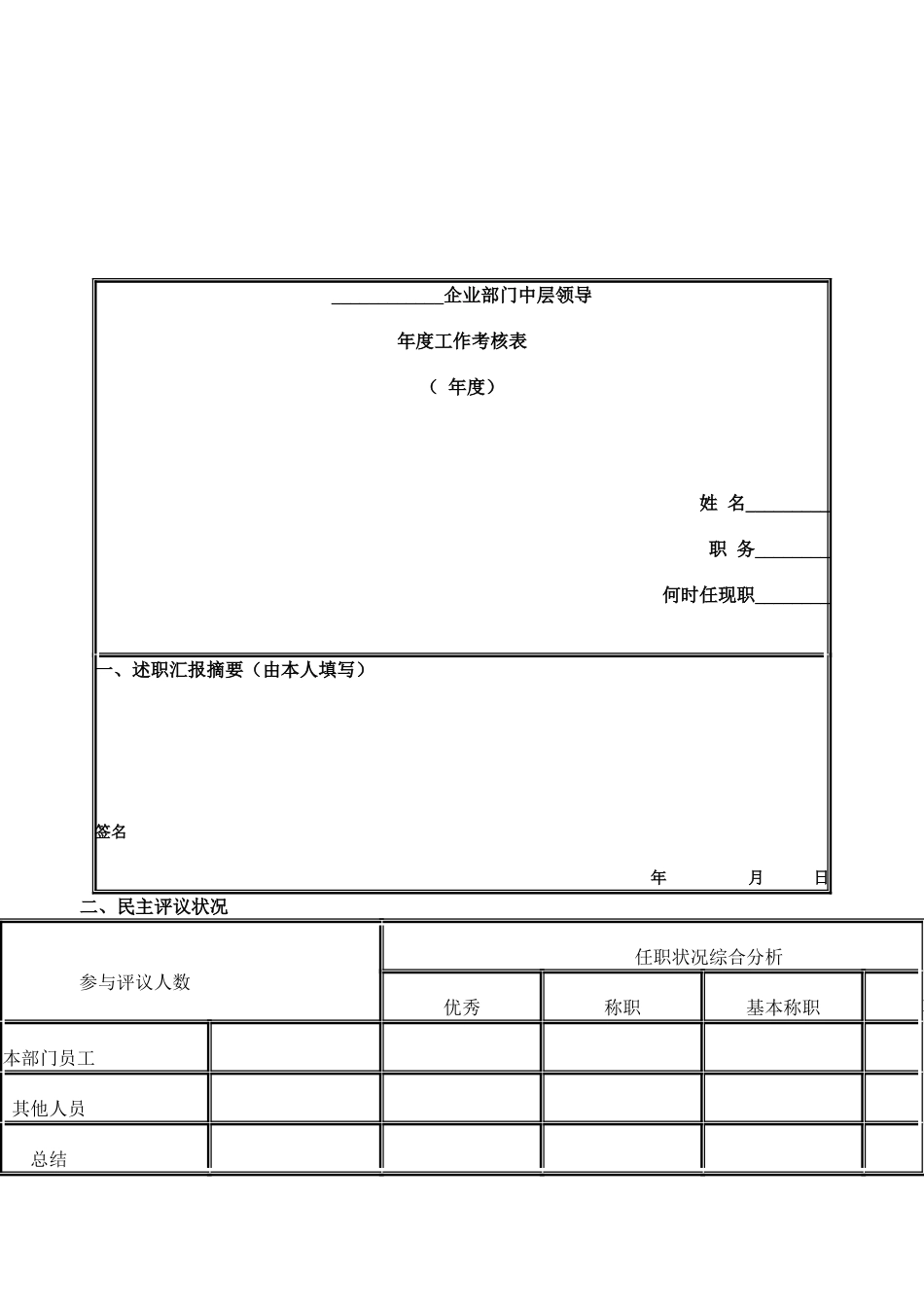 2025年公司中层管理人员考核表文档在线提供_第1页