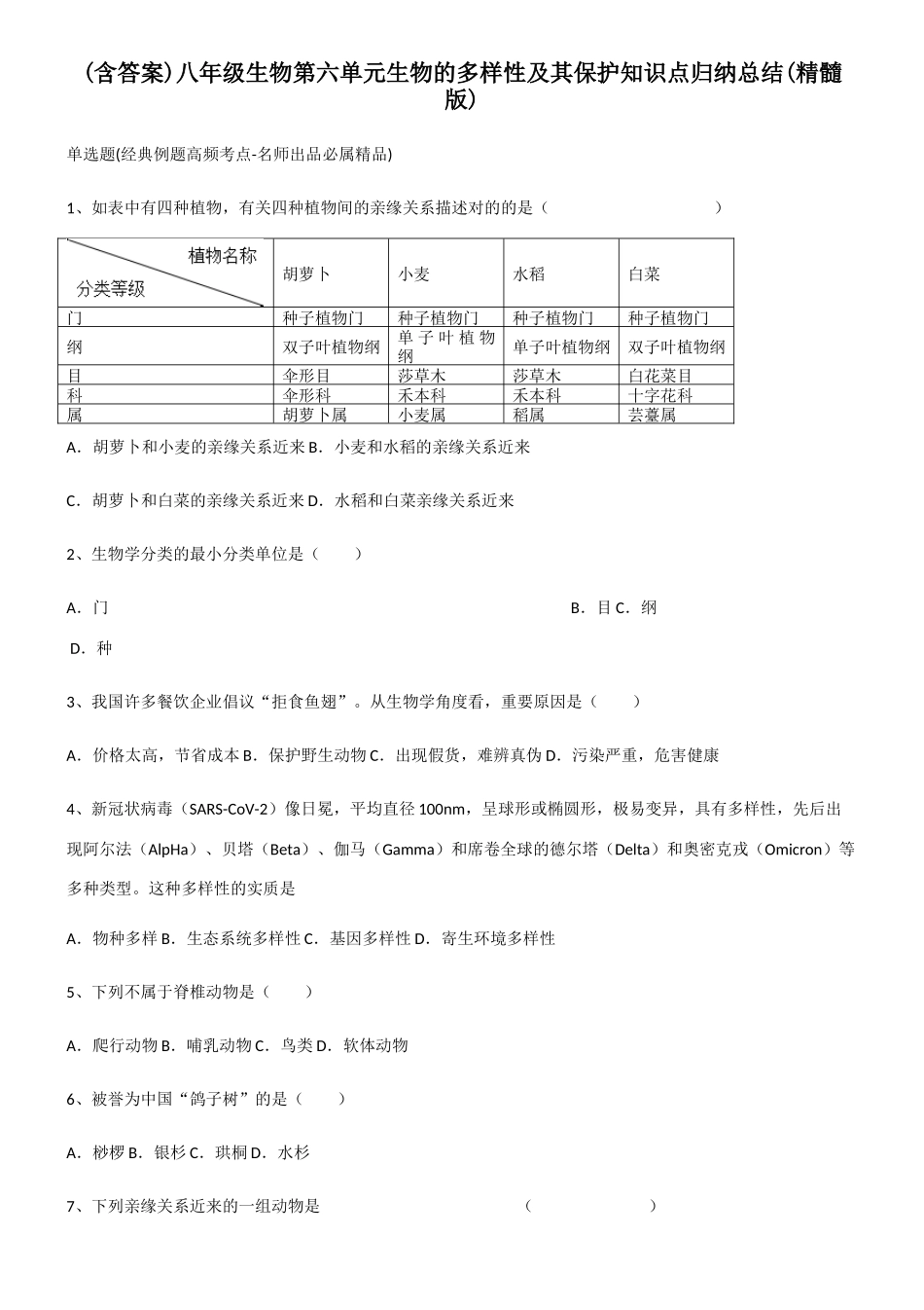 2025年含答案八年级生物第六单元生物的多样性及其保护知识点归纳总结_第1页