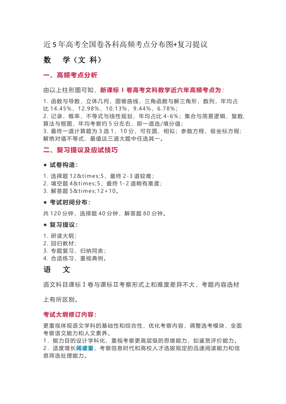 2025年近5年高考全国卷各科高频考点分布图+复习建议_第1页