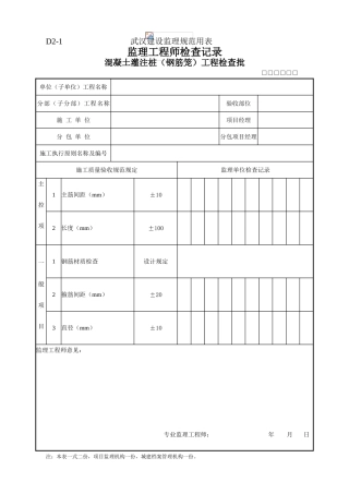 2025年湖北省武汉市全套监理工程师检查记录表全套D类表