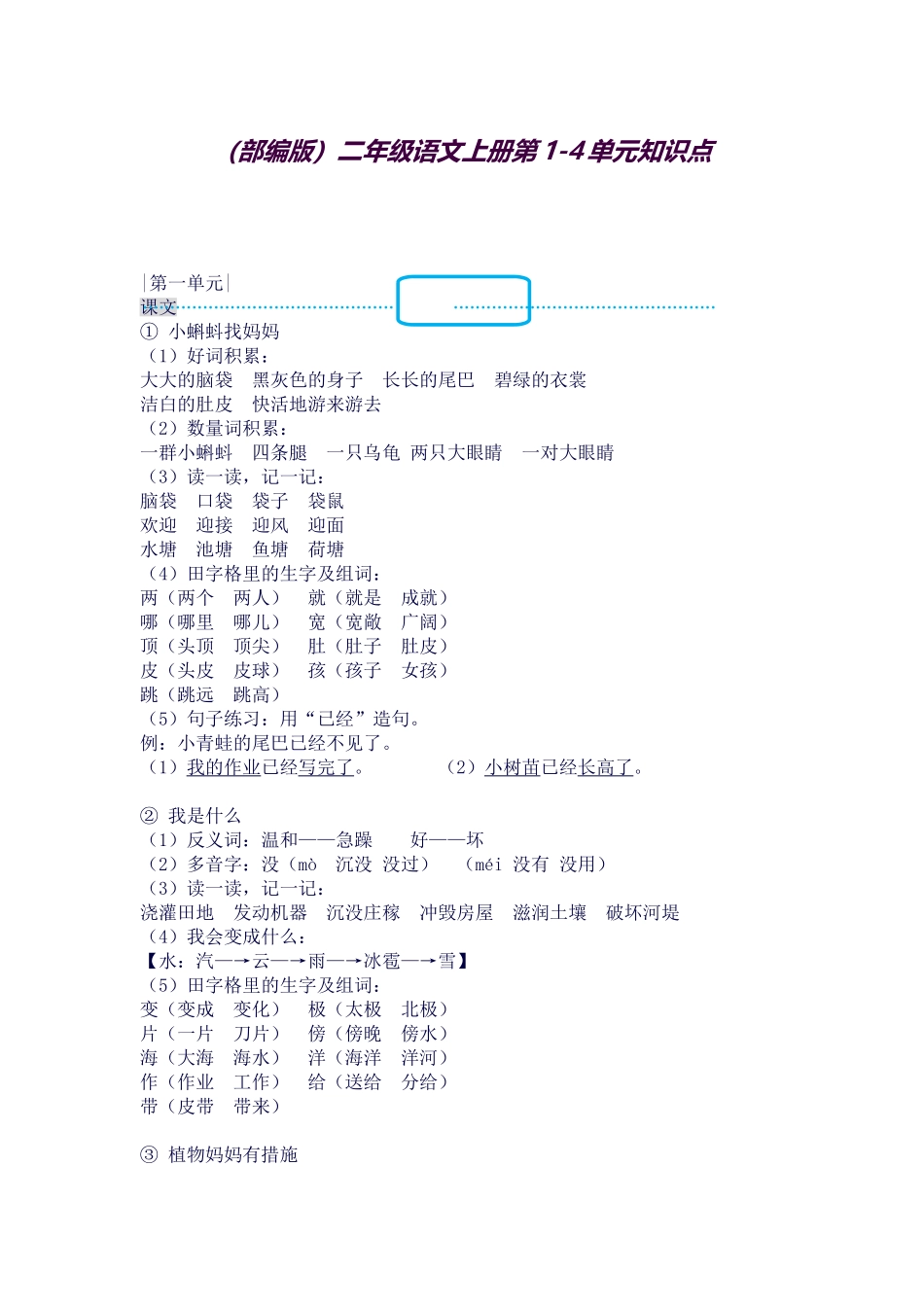 2025年教育K12部编人教版小学语文二年级上册第14单元知识点直接打印_第1页