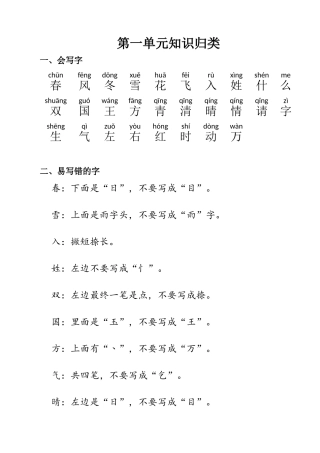 2025年部编版一年级语文下册全册知识点归纳
