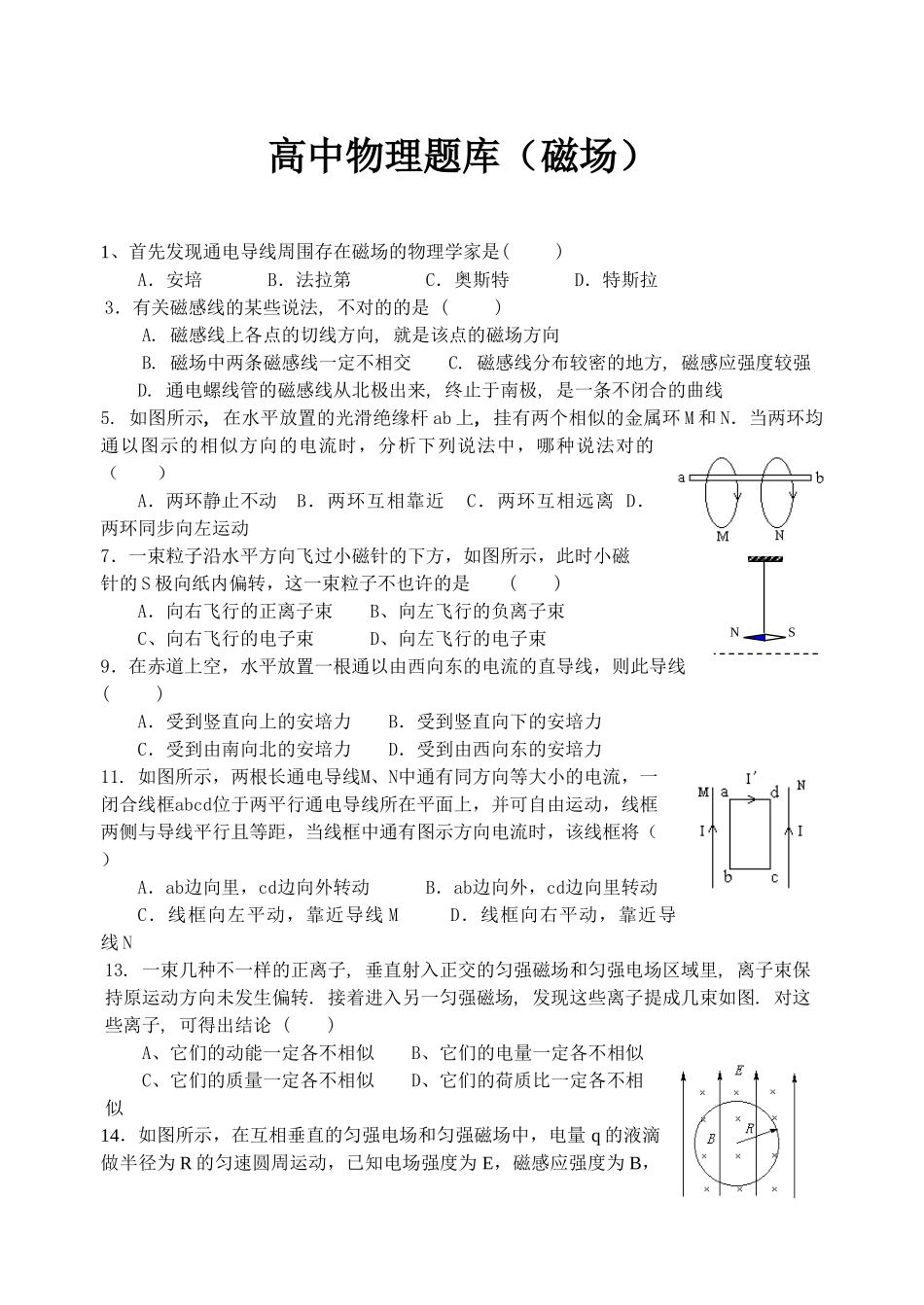 2025年高中物理磁场题库_第1页