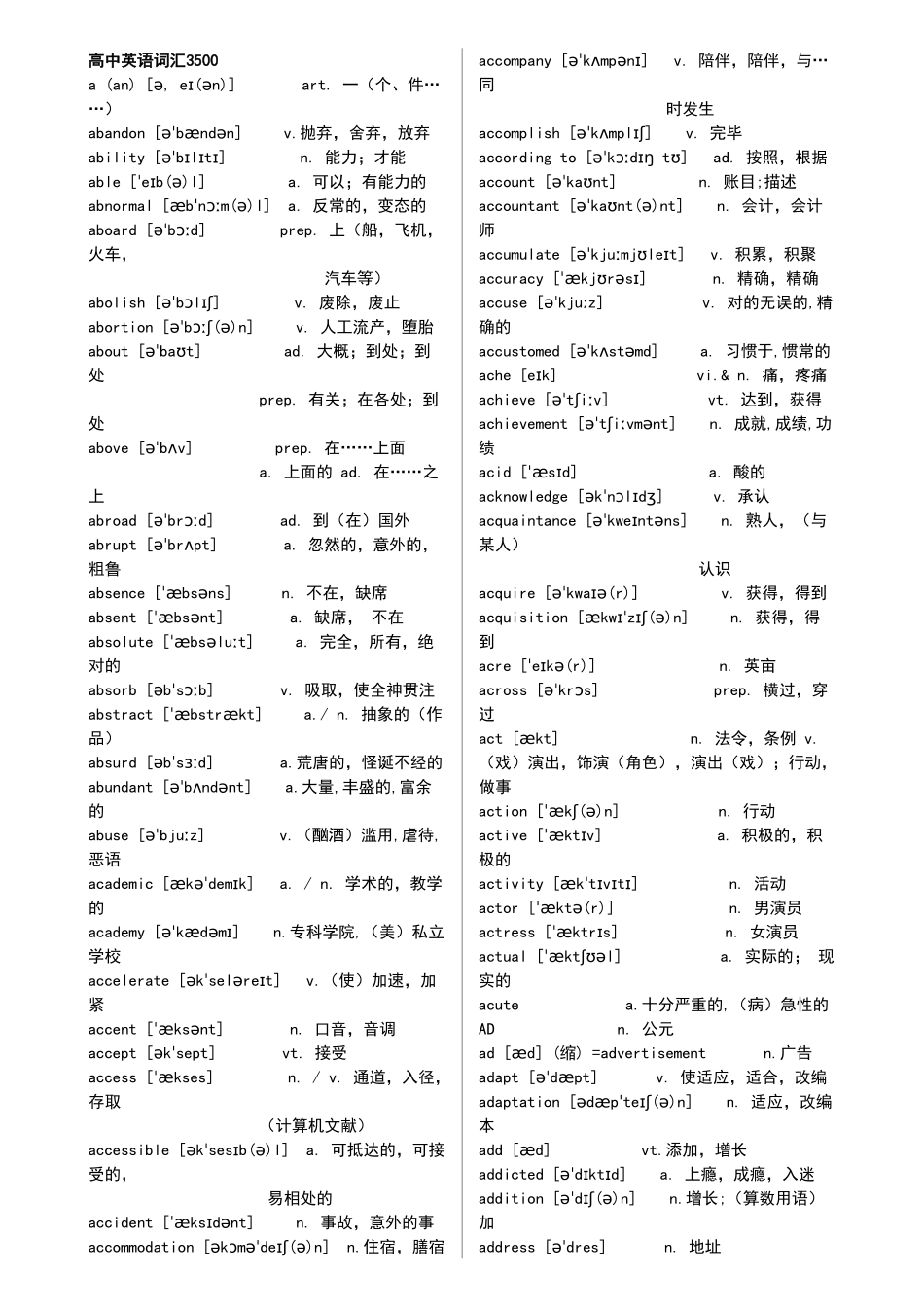 2025年江苏省高中英语必背单词词汇3500带音标_第1页