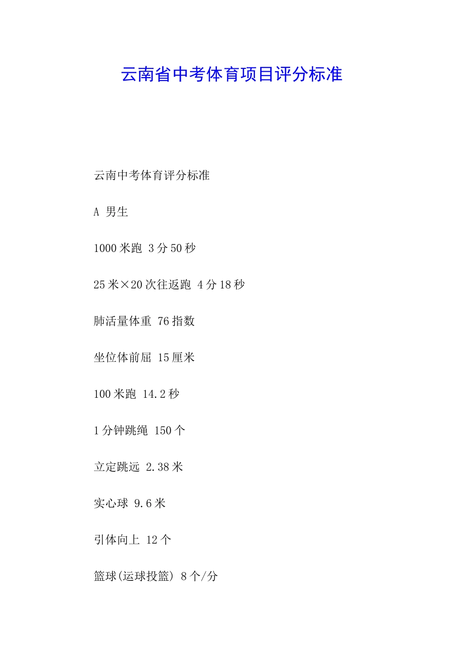 云南省中考体育项目评分标准_第1页