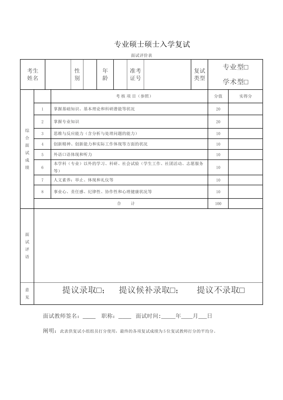 2025年硕士研究生复试面试评价表讲课教案_第2页