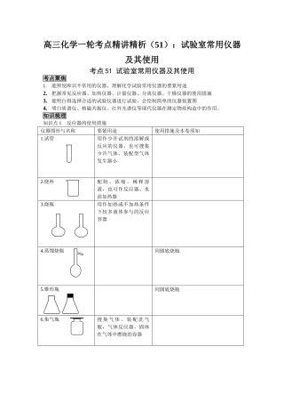 2025年高三化学一轮考点精析51实验室常用仪器及其使用
