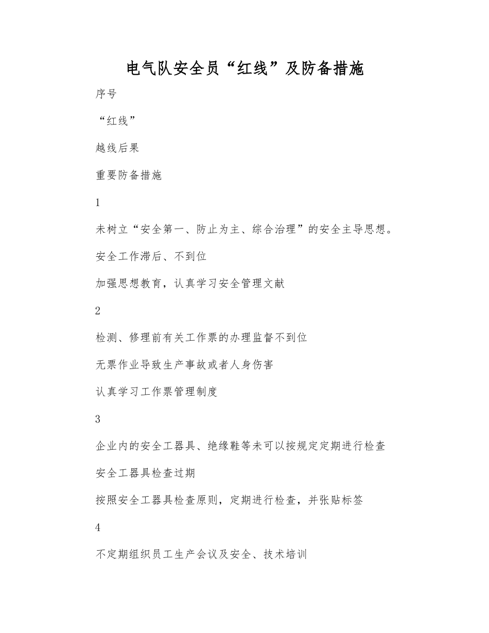 2025年电气队安全员红线及防范措施_第1页