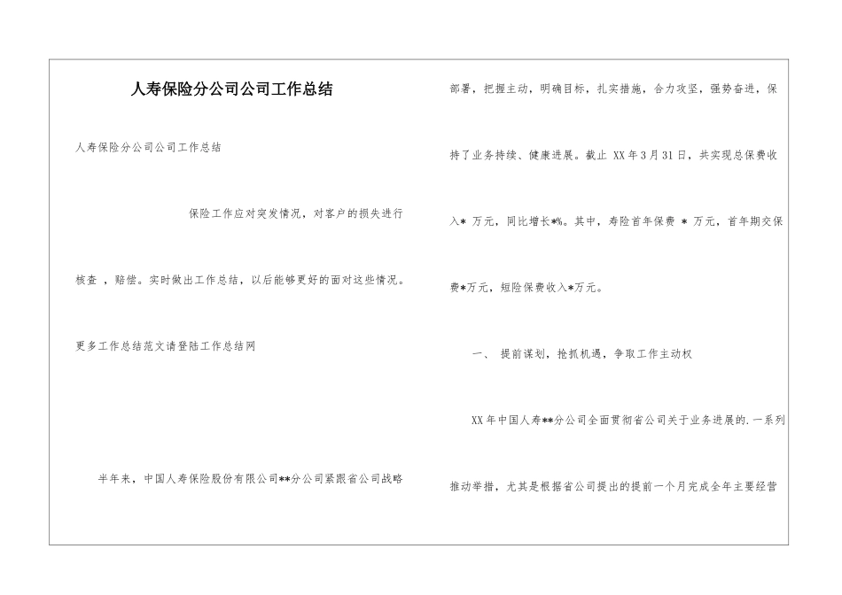 人寿保险分公司公司工作总结_第1页