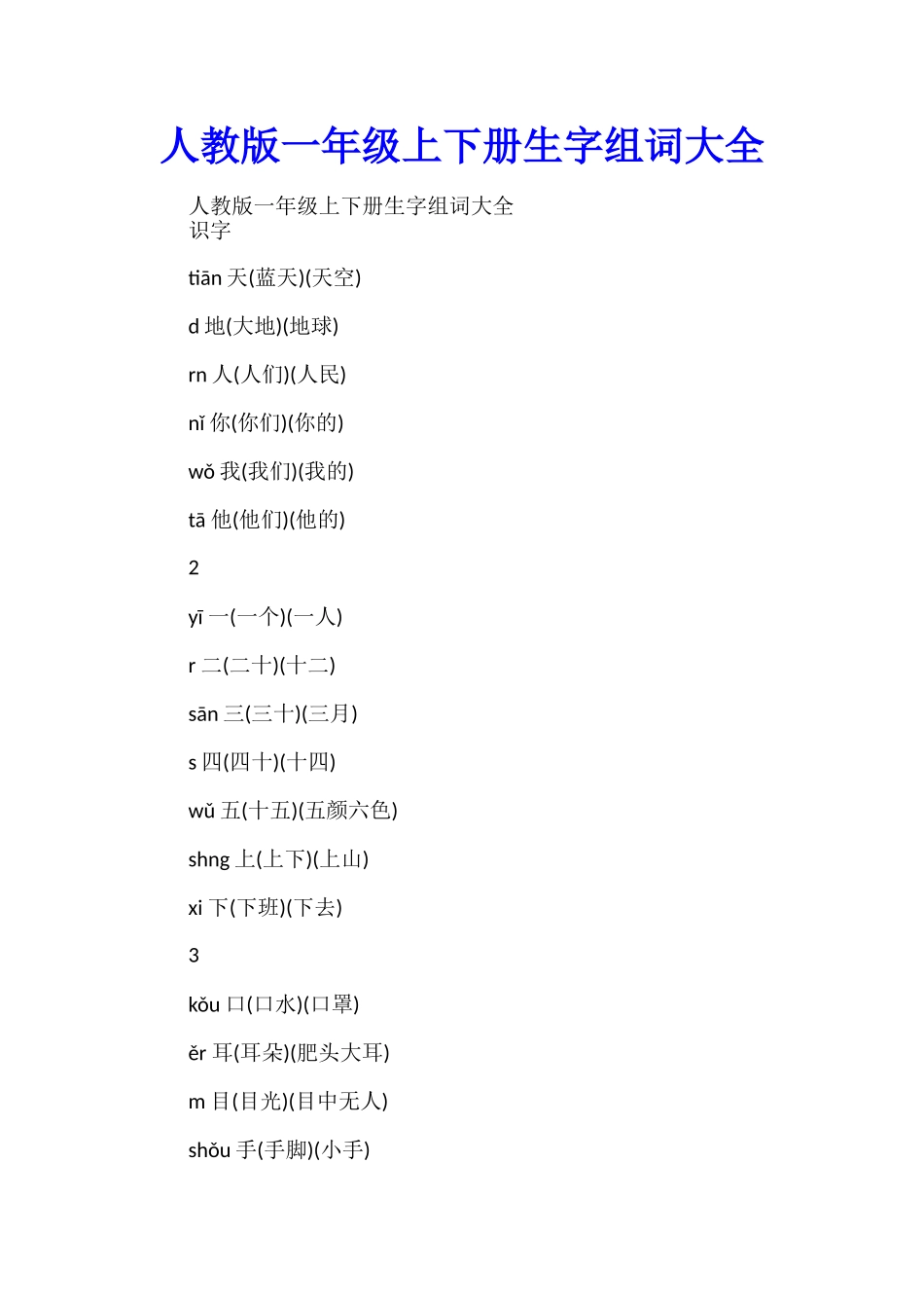 人教版一年级上下册生字组词大全_第1页