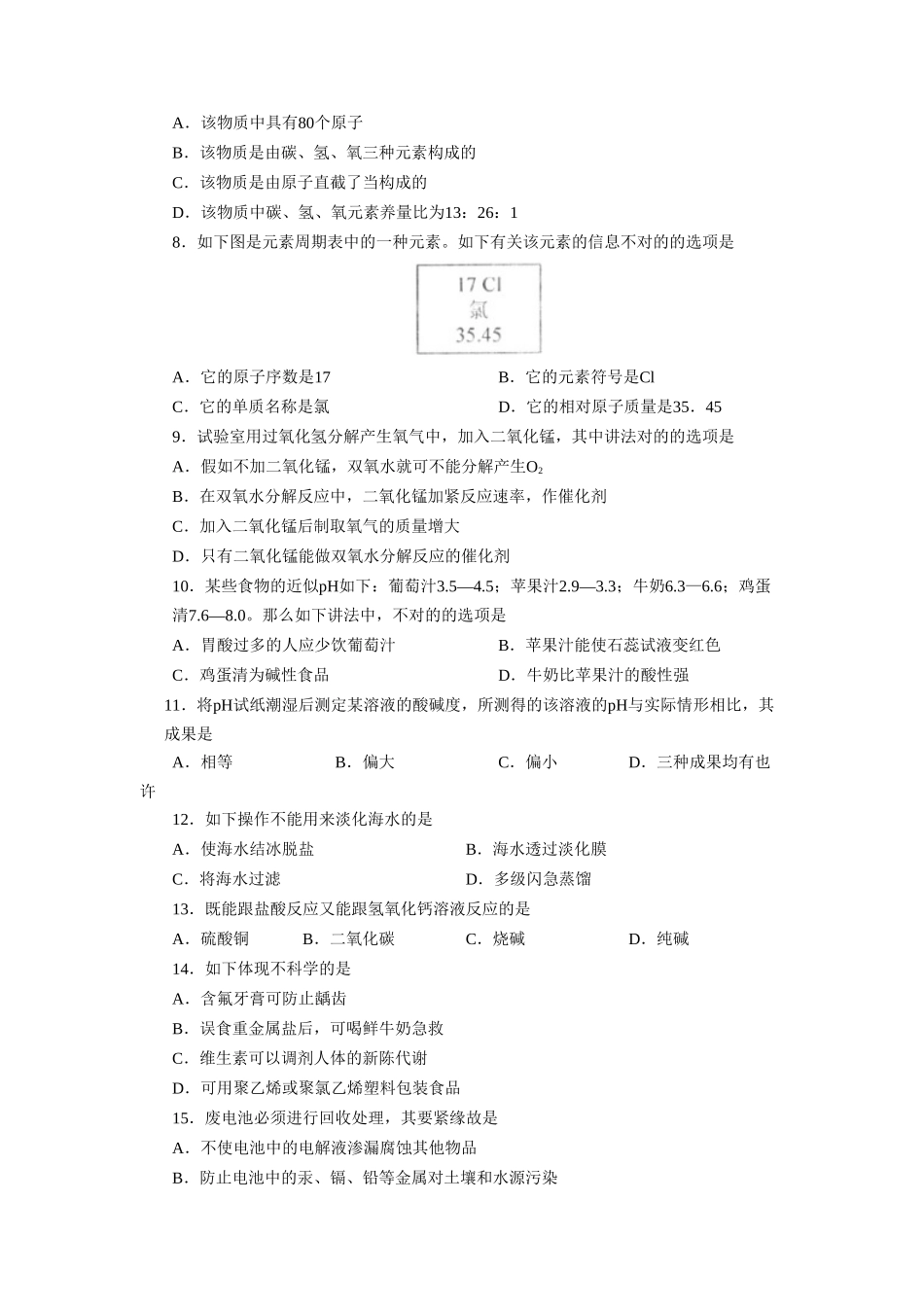 2025年滨州市初中学业水平模拟测试初中化学_第2页