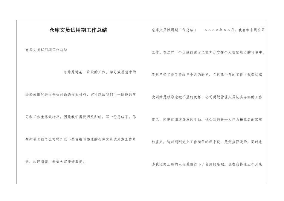 仓库文员试用期工作总结_第1页