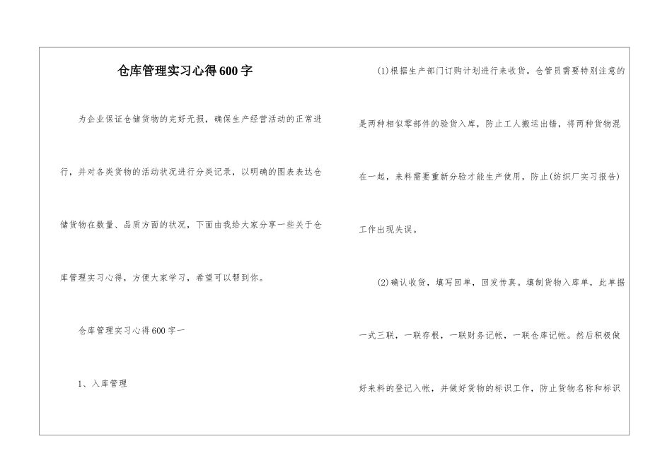 仓库管理实习心得600字_第1页