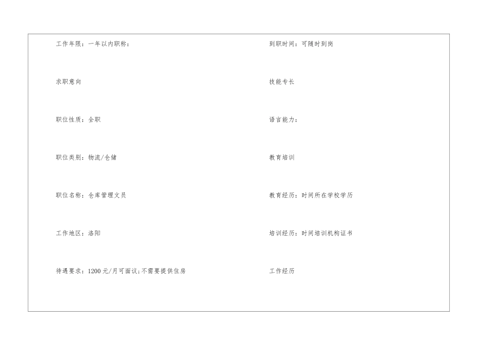 仓库管理文员2024个人求职简历模板大全_第2页