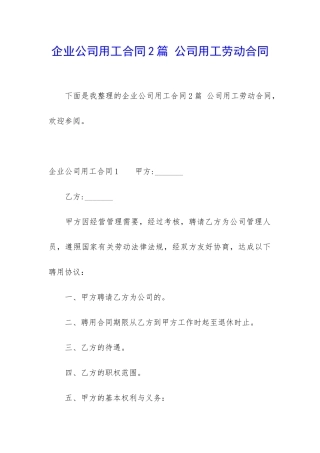 企业公司用工合同2篇-公司用工劳动合同