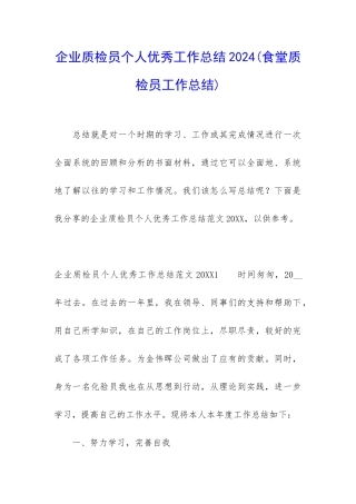 企业质检员个人优秀工作总结2024