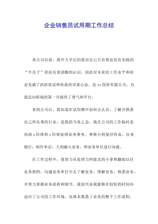 企业销售员试用期工作总结