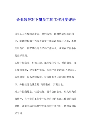 企业领导对下属员工的工作月度评语